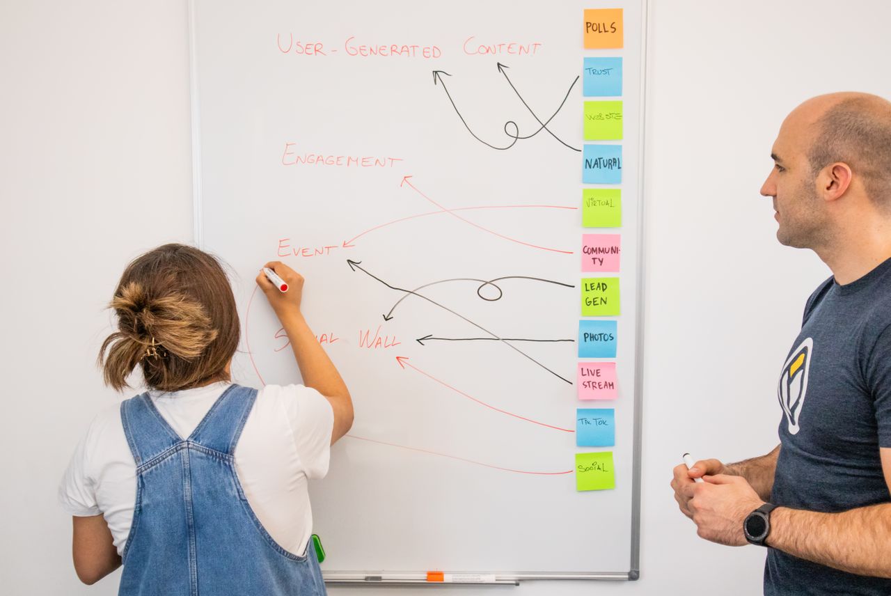Two coworkers work together on a marketing plan at a whiteboard, centered on user-generated content.